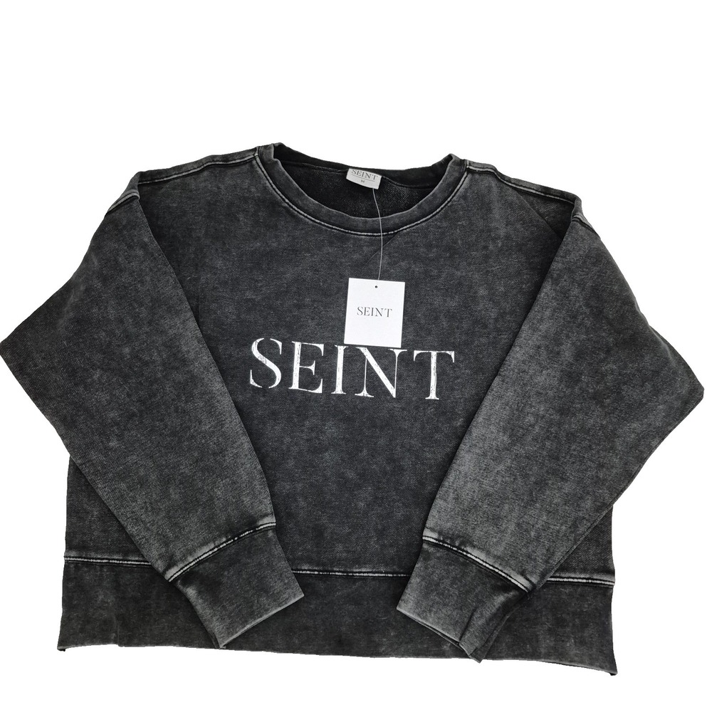 SEINT Shirt Womens M‎ Black Logo Crew Neck Long Sleeve Oversized Crop Pullover